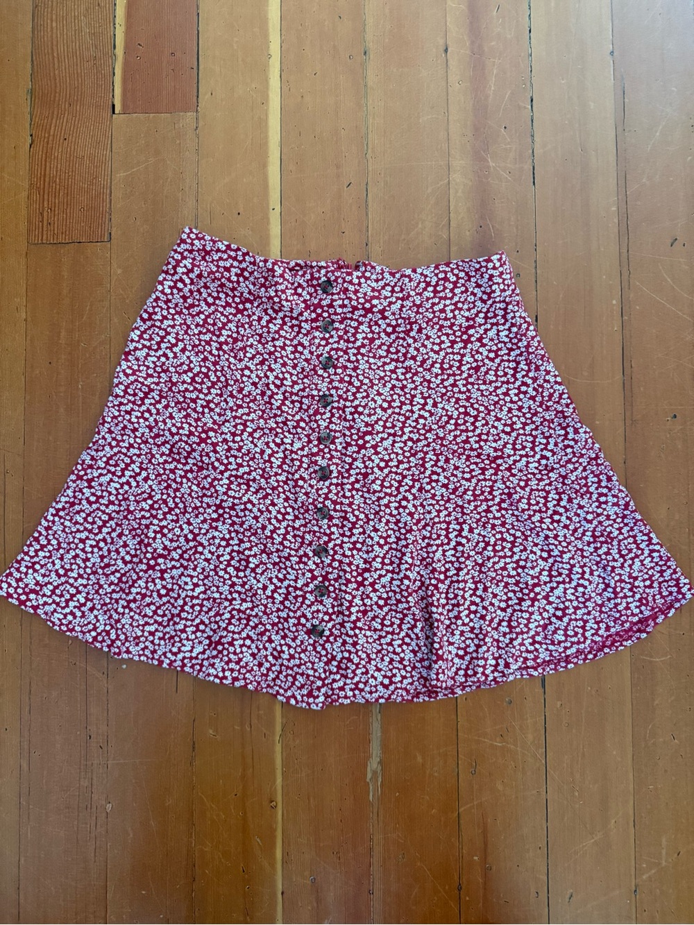 American Eagle Outfitters Red Floral Button-Front Skater Skirt